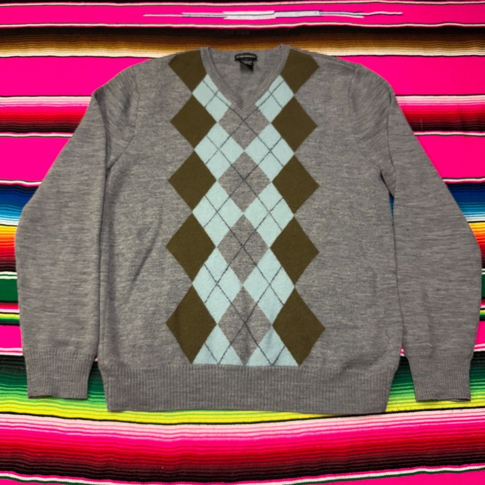 Vintage Club Monaco Sweater Men's L 100% Merino Wool V Neck Argyle Academic Prep